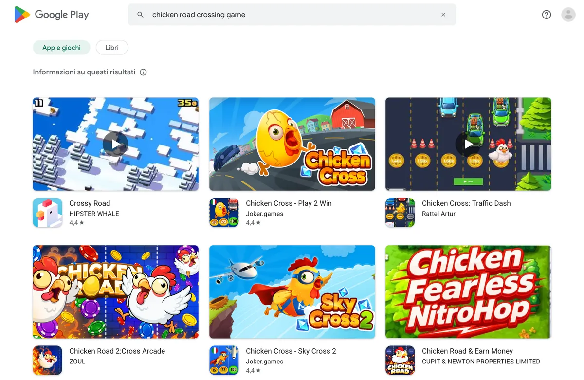 Risultati di Google Play per chicken road crossing game: Crossy Road, Chicken Cross Play 2 Win, Chicken Cross Traffic Dash, Chicken Road 2 Cross Arcade, Chicken Cross Sky Cross 2 e Chicken Road and Earn Money