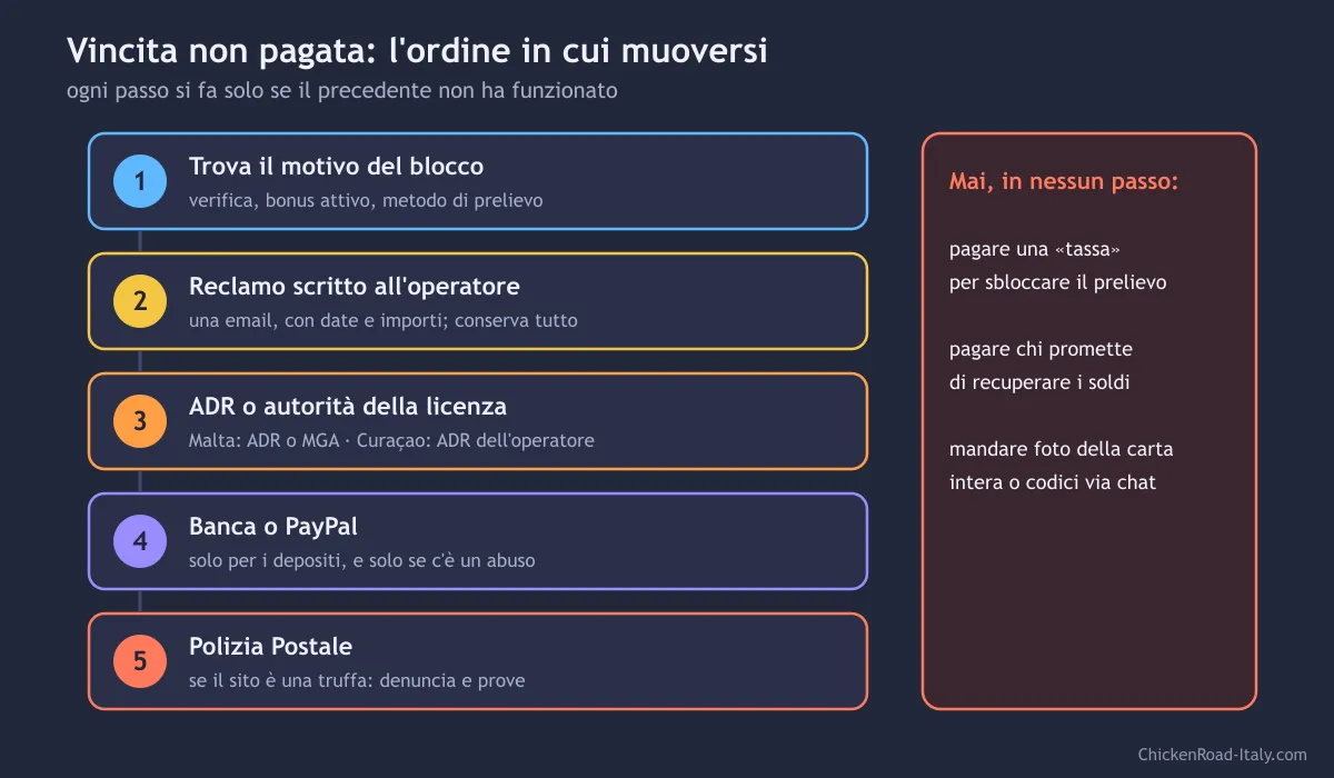 Schema in cinque passi per una vincita non pagata, dal motivo del blocco alla Polizia Postale, con il riquadro delle cose da non fare