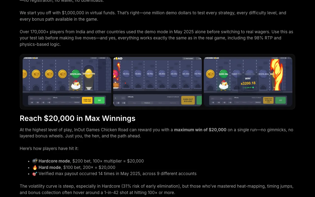 Pagina di Chicken Road sul sito di InOut Games con il titolo Reach $20,000 in Max Winnings e gli esempi di vincita massima in Hardcore e Hard