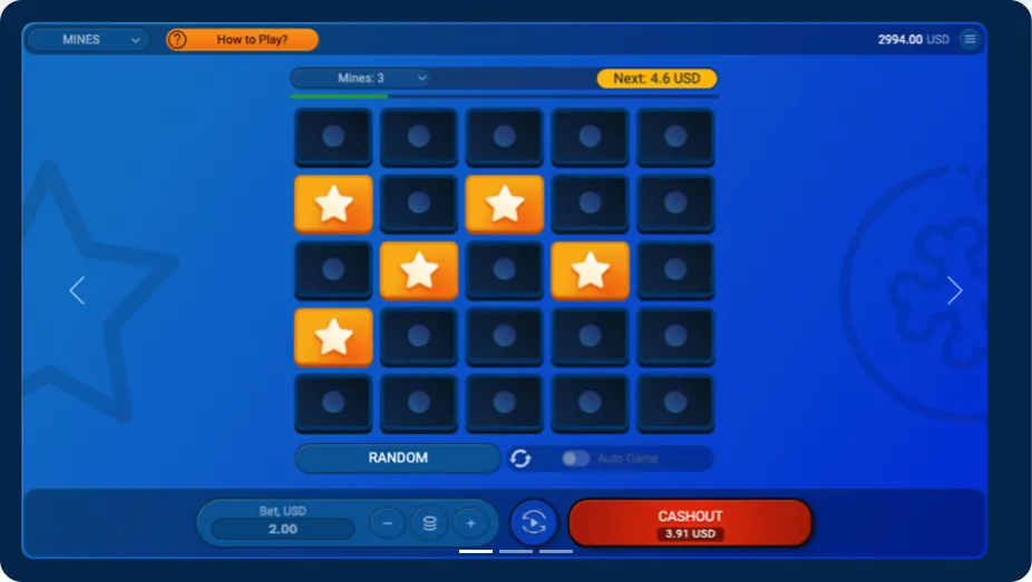 Schermata promozionale di Mines sul sito di Spribe: griglia 5×5 con cinque stelle aperte, 3 mine impostate, puntata 2 USD, Next 4,6 USD e Cashout 3,91 USD