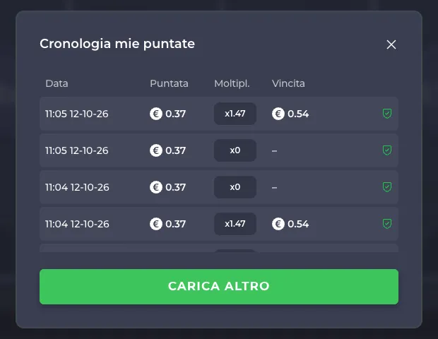 Finestra Cronologia mie puntate con data, puntata da 0,37 euro, moltiplicatore e vincita di ogni partita e lo scudo verde di verifica
