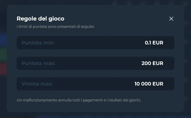 Finestra Regole del gioco della demo del Plinko di InOut: puntata minima 0,1 euro, massima 200 euro, vincita massima 10.000 euro
