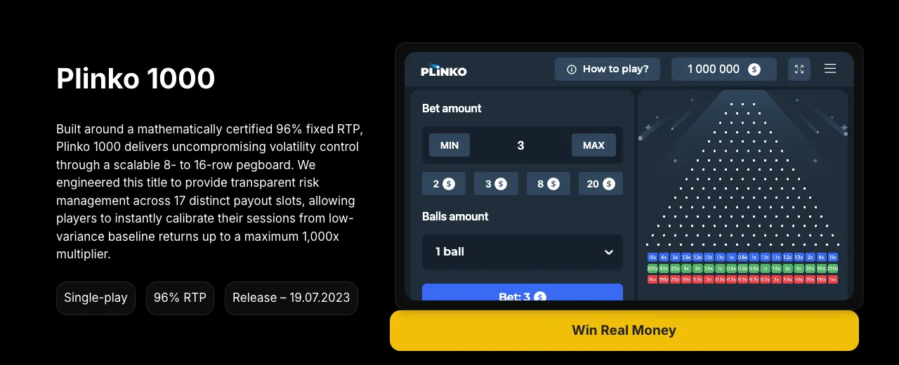 Pagina del Plinko 1000 sul sito di InOut Games con RTP 96%, uscita il 19 luglio 2023 e descrizione della tavola da 8 a 16 file