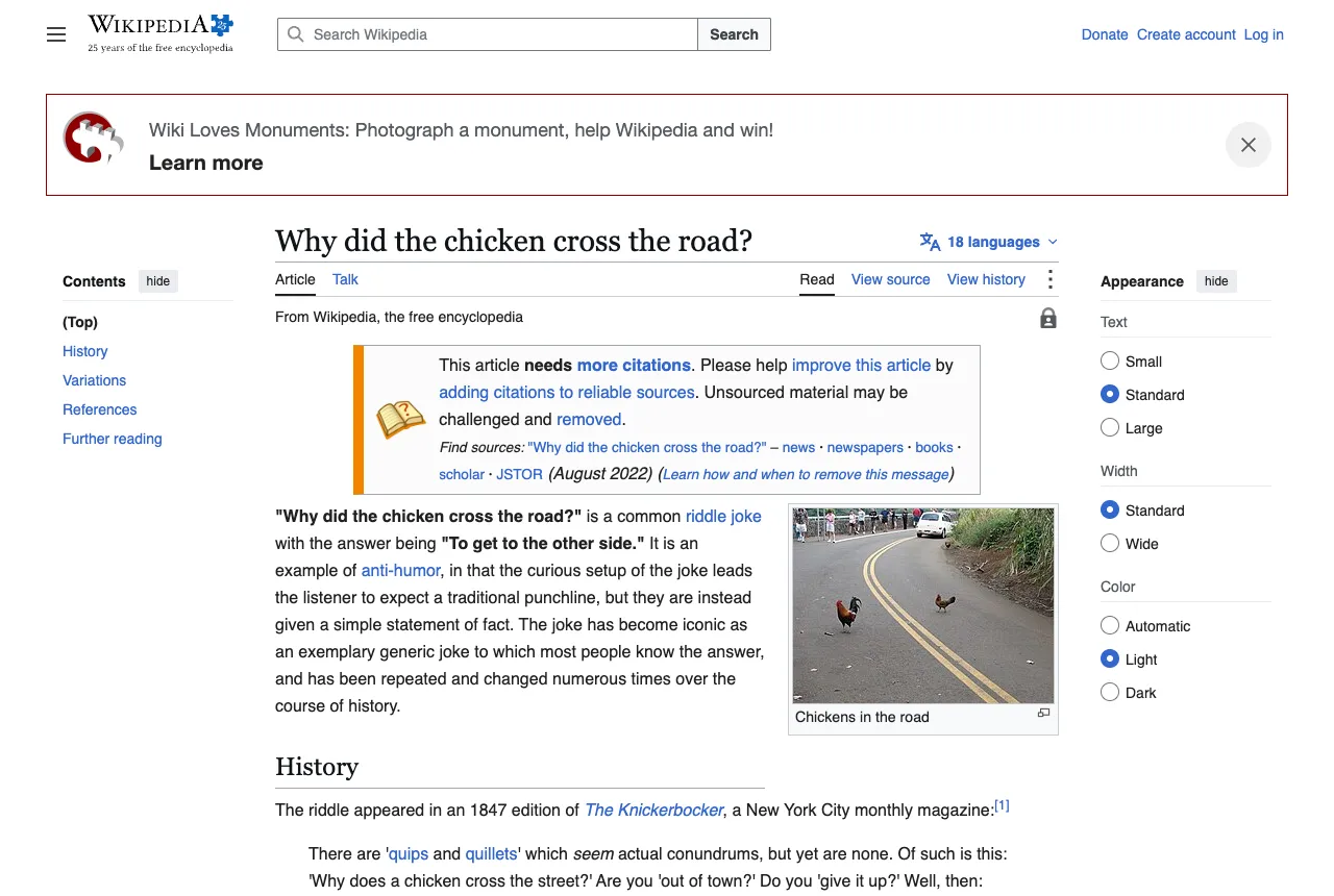 Voce di Wikipedia in inglese dedicata alla battuta Why did the chicken cross the road