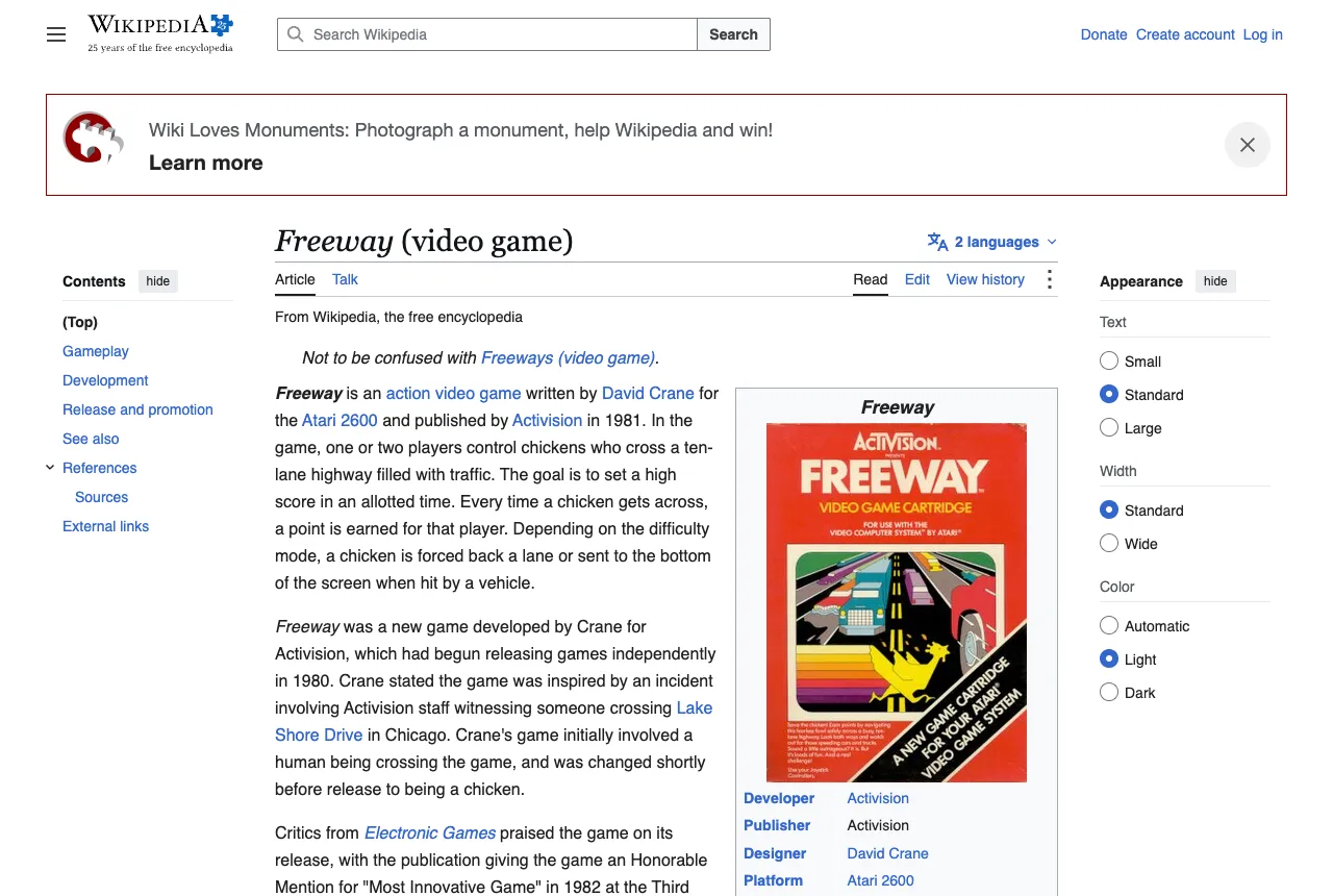 Voce di Wikipedia in inglese dedicata al videogioco Freeway di Activision, con sviluppatore e designer David Crane