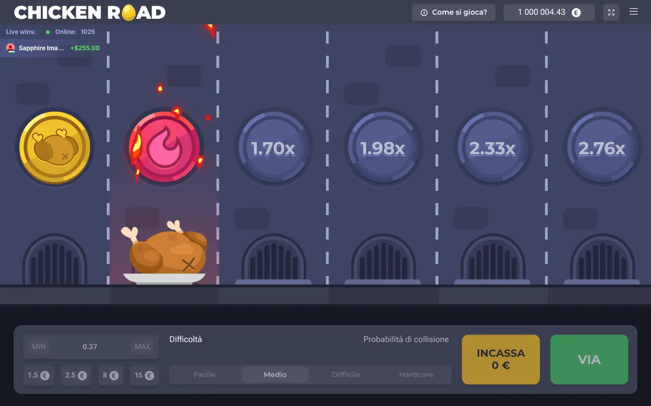 Demo di Chicken Road con la gallina arrosto nel forno al terzo passo in Medium e i moltiplicatori successivi 1,70x, 1,98x, 2,33x, 2,76x