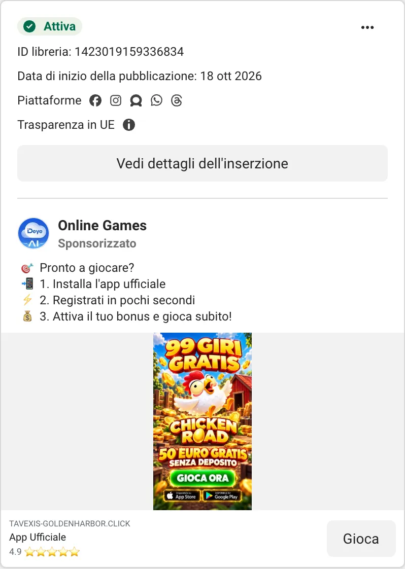 Annuncio nella libreria di Meta che promette 99 giri gratis e 50 euro gratis senza deposito per Chicken Road con un'app ufficiale