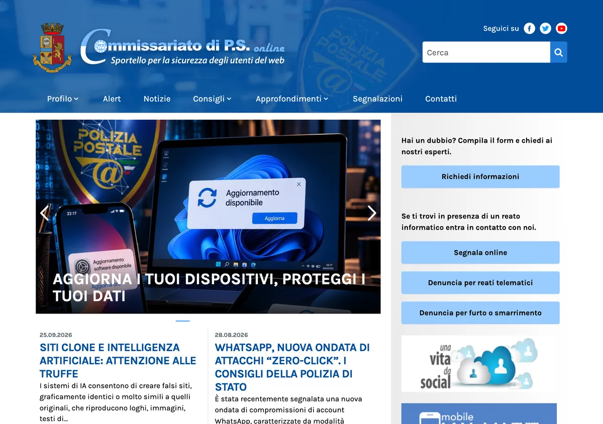 Homepage del Commissariato di P.S. online della Polizia Postale con i pulsanti Segnala online, Denuncia per reati telematici e un avviso sui siti clone