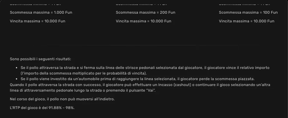 Regolamento di Chicken Crash dentro il gioco: limiti di puntata per livello e la frase «L’RTP del gioco è del 91.88% - 98%»