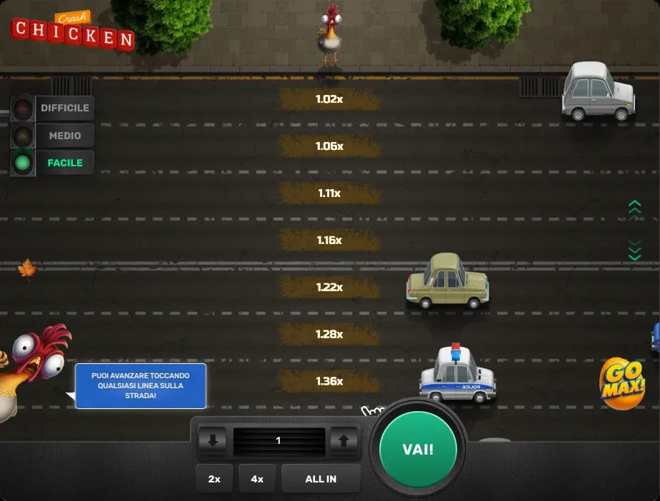 Chicken Crash nella demo con il fumetto «Puoi avanzare toccando qualsiasi linea sulla strada»