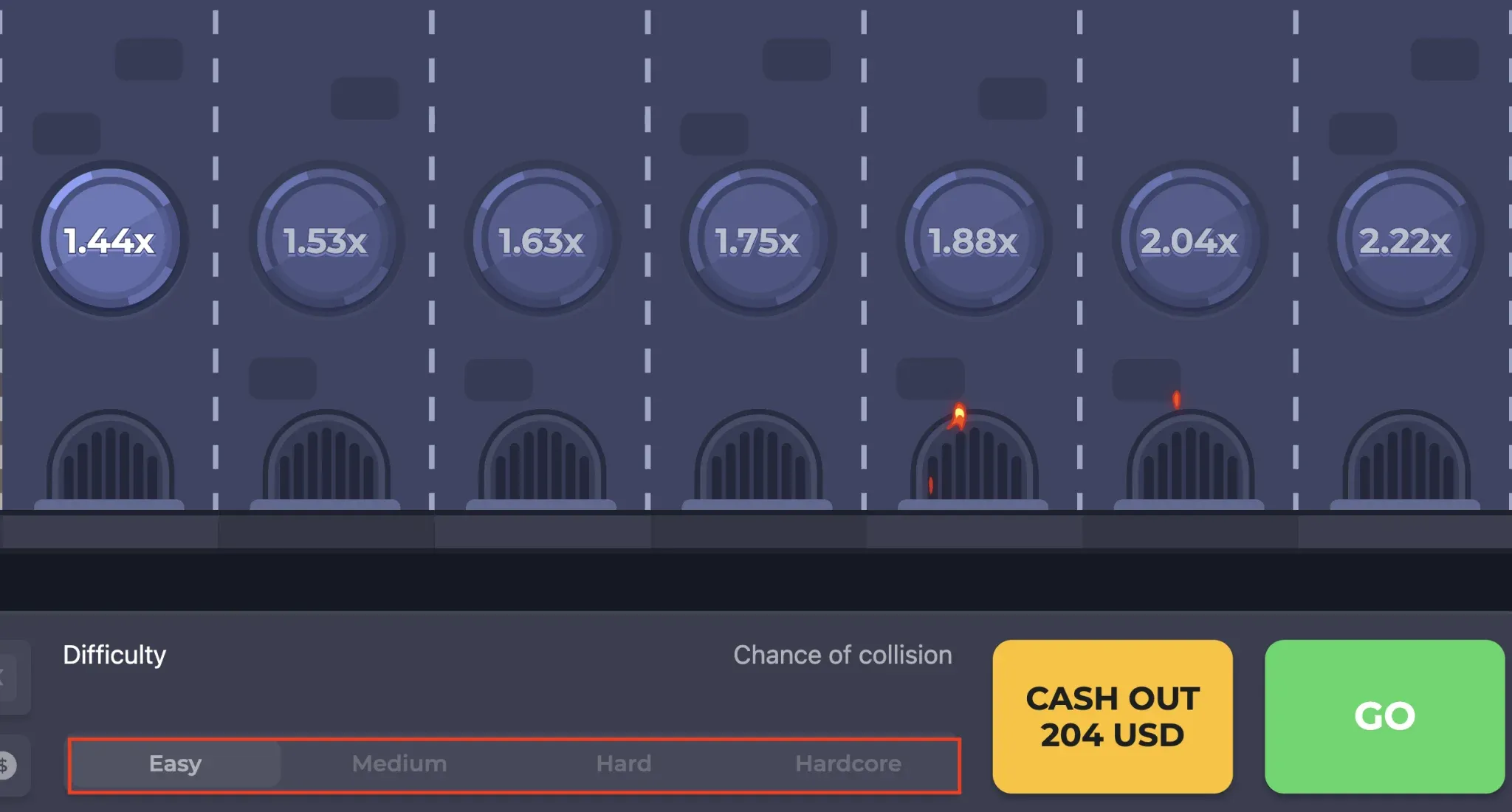 I quattro livelli di difficoltà di Chicken Road nella barra inferiore del gioco