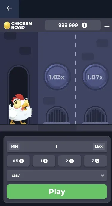 Chicken Road su schermo verticale di uno smartphone, con la strada in alto e i comandi in basso