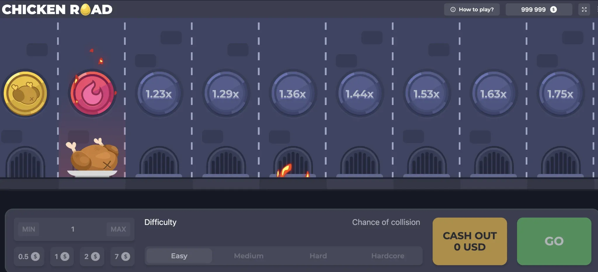 Partita di Chicken Road con il moltiplicatore corrente e l’importo del cash out visibili