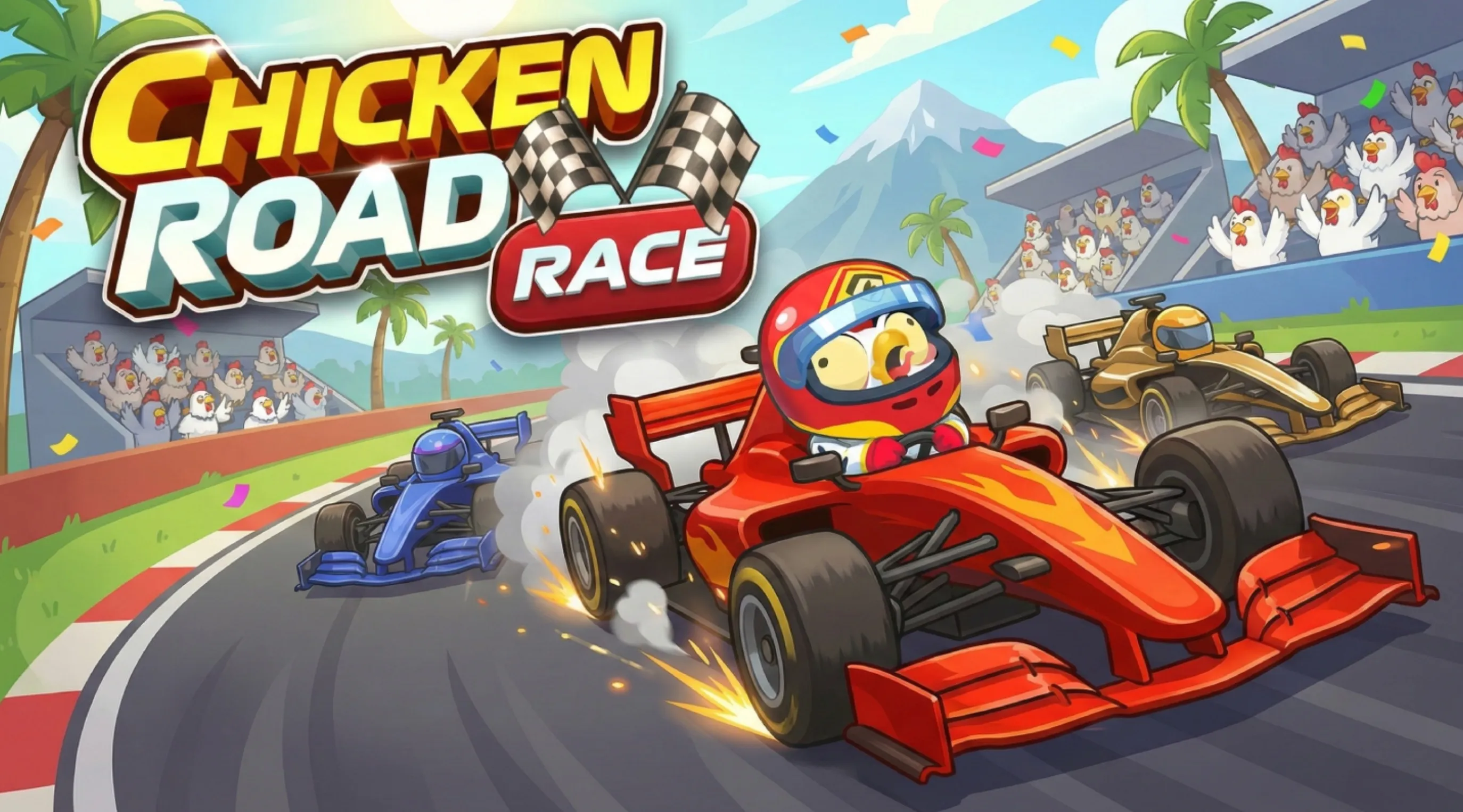 Partita di Chicken Road Race con la gallina in tuta da corsa fra pile di pneumatici