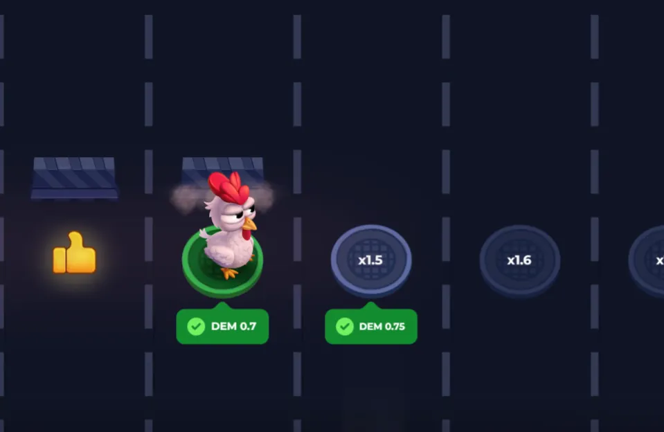 Uncrossable Rush di Evoplay: la gallina Eggwina su una corsia, con i moltiplicatori x1.5 e x1.6 davanti
