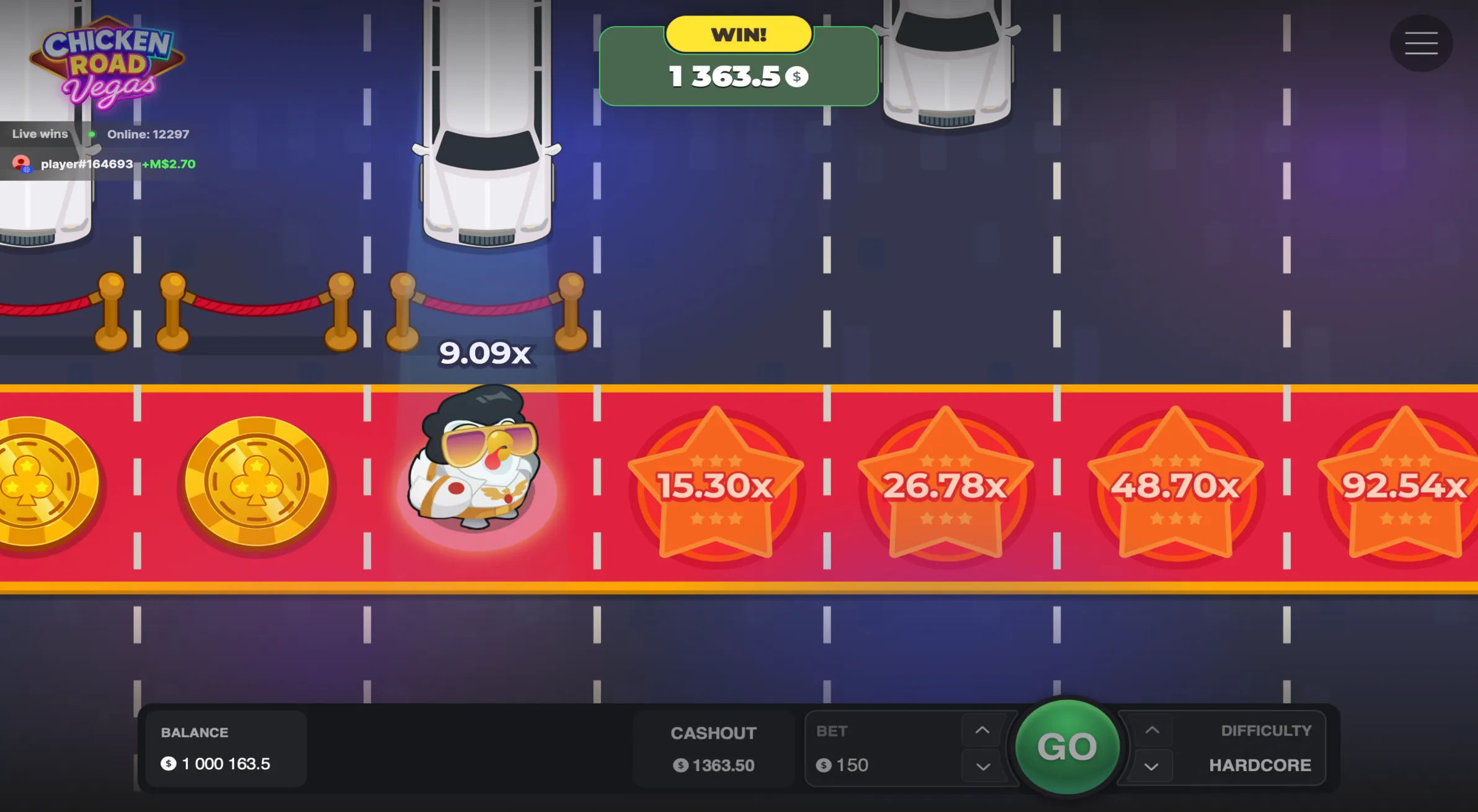 Chicken Road Vegas in Hardcore con i moltiplicatori 9,09x, 15,30x, 26,78x, 48,70x e 92,54x