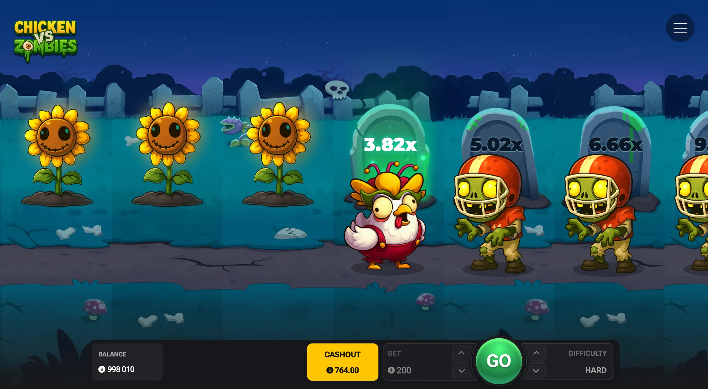 Chicken vs Zombies in modalità Hard, con il cimitero e gli zombie sul percorso